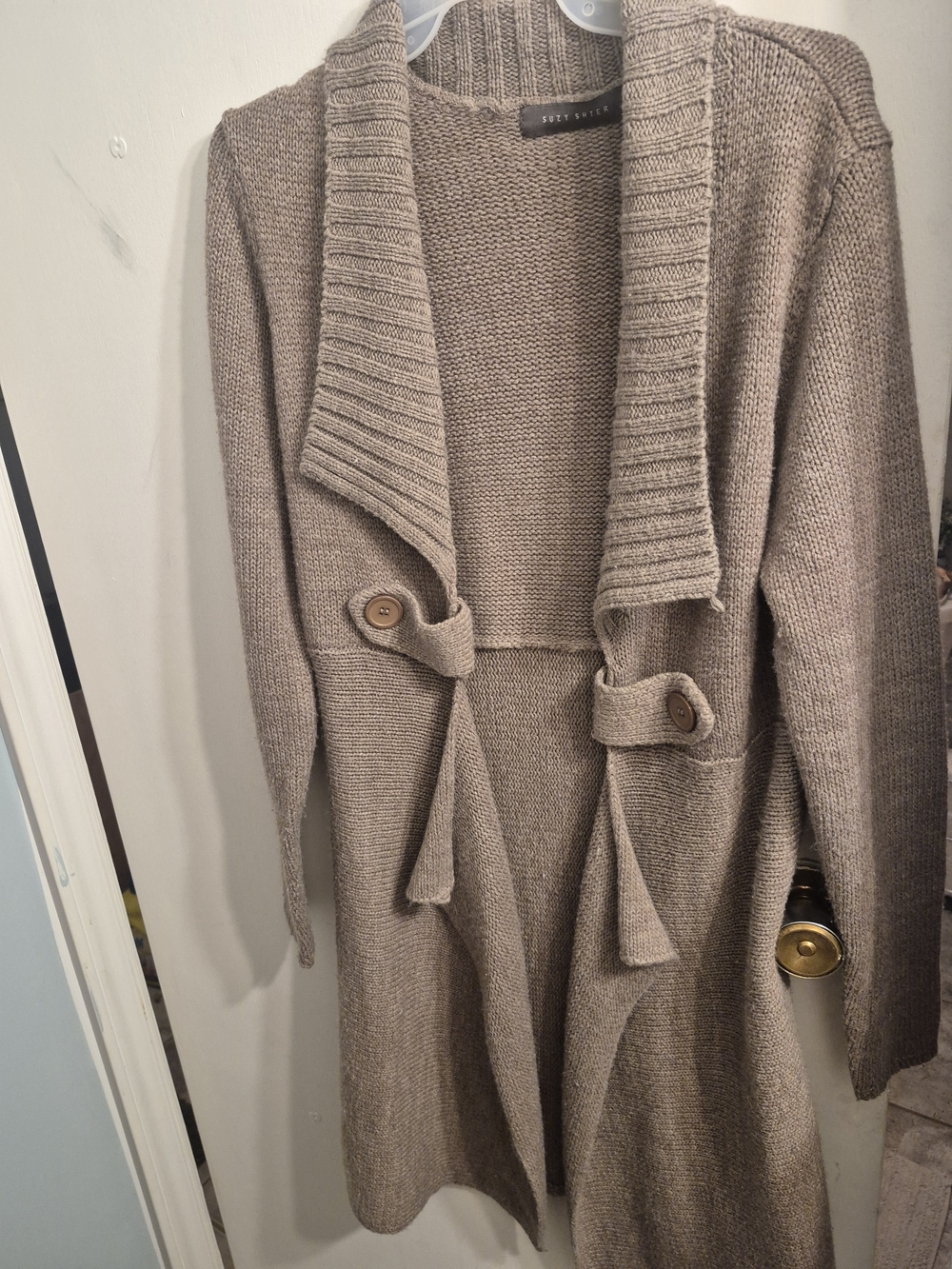Suzy Shier Taupe Knit Shawl-Collar Cardigan